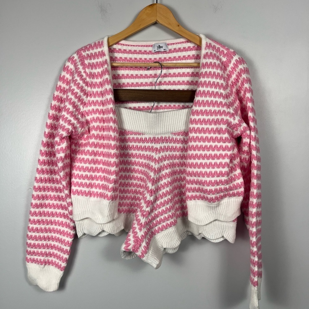 Yllw the label 2 piece set wool blend pink white size large cardigan short